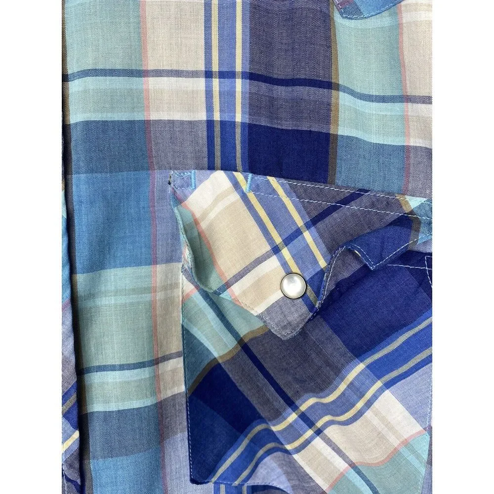 Vtg Wrangler Mens‎ Large Western Shirt Blue Teal Plaid Pearl Snap Buttons